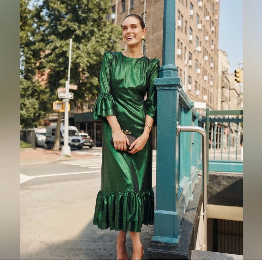 Pomander Place Emerald Crinkle Lurex Lilith Midi Dress XS NWT Holiday Party - Picture 2 of 11